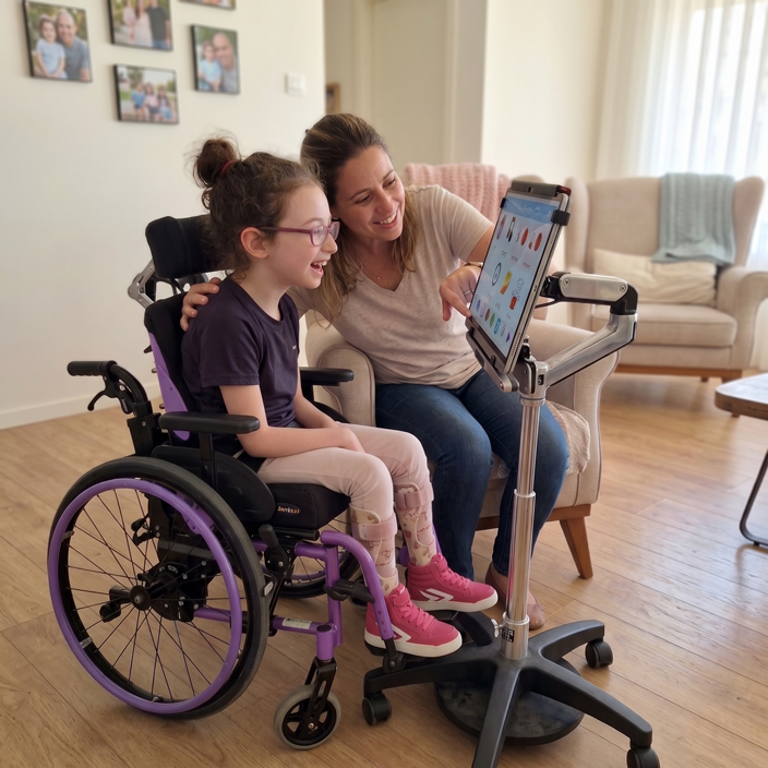 A girl in a wheelchair and her mother using Aivota on a mounted tablet